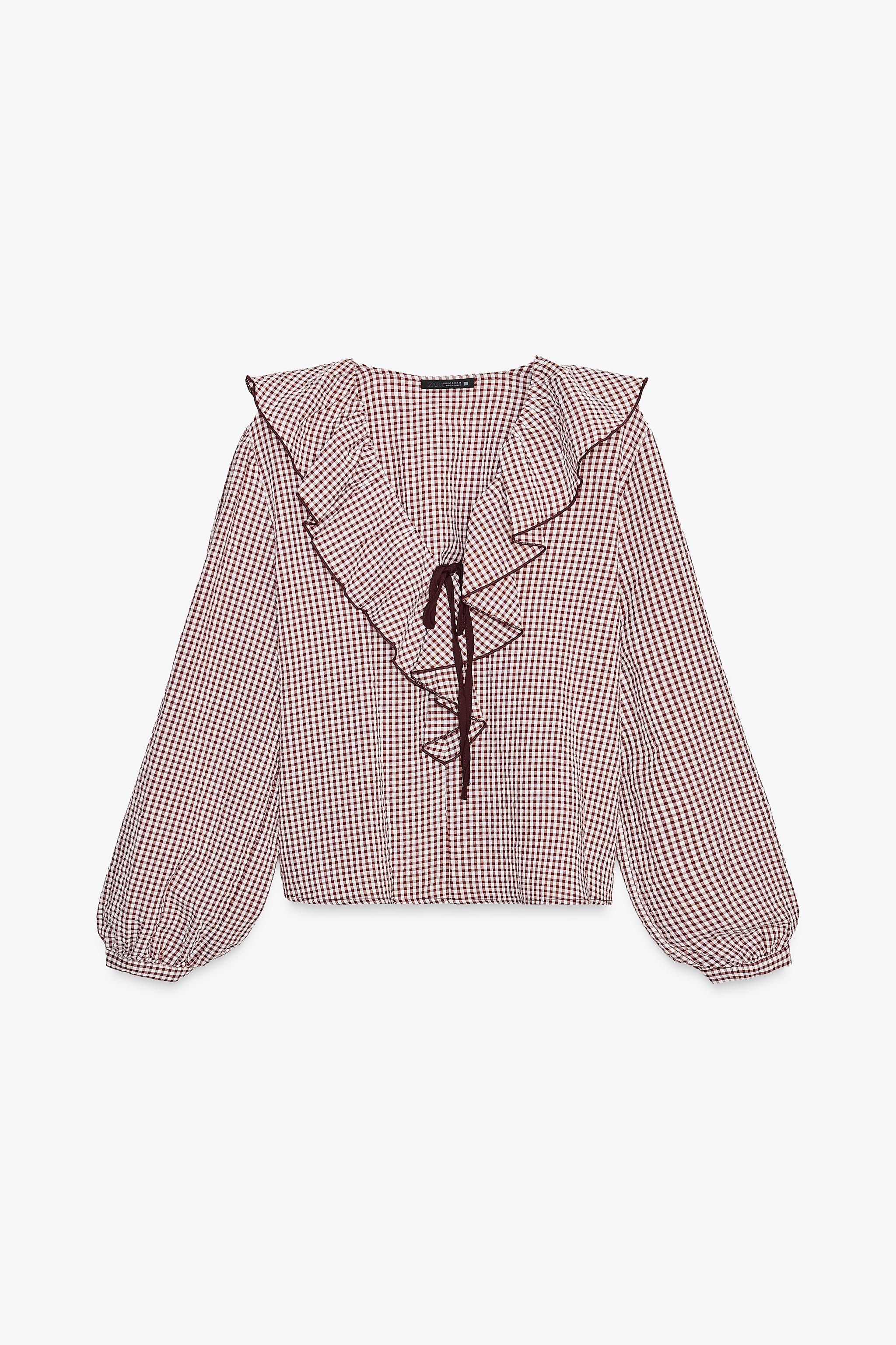 BLOUSE À VOLANTS, CARREAUX ET NŒUD